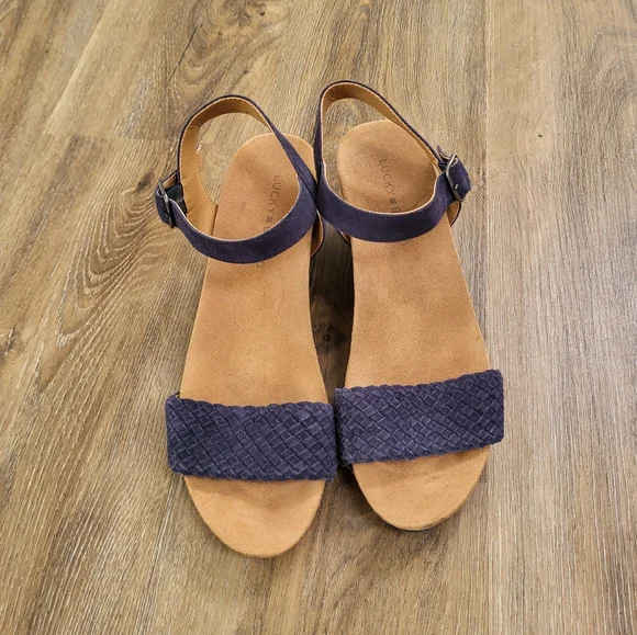 Lucky Brand Kennette Blue Suede Wedge Heels Sandals Size 9W Wide Ankle Strap - Picture 2 of 10